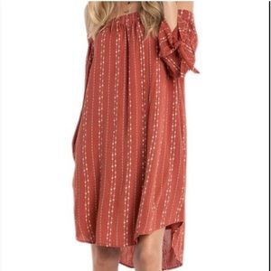 Smocked Off the shoulder split sleeve arrow print red orange tunic shirt dress